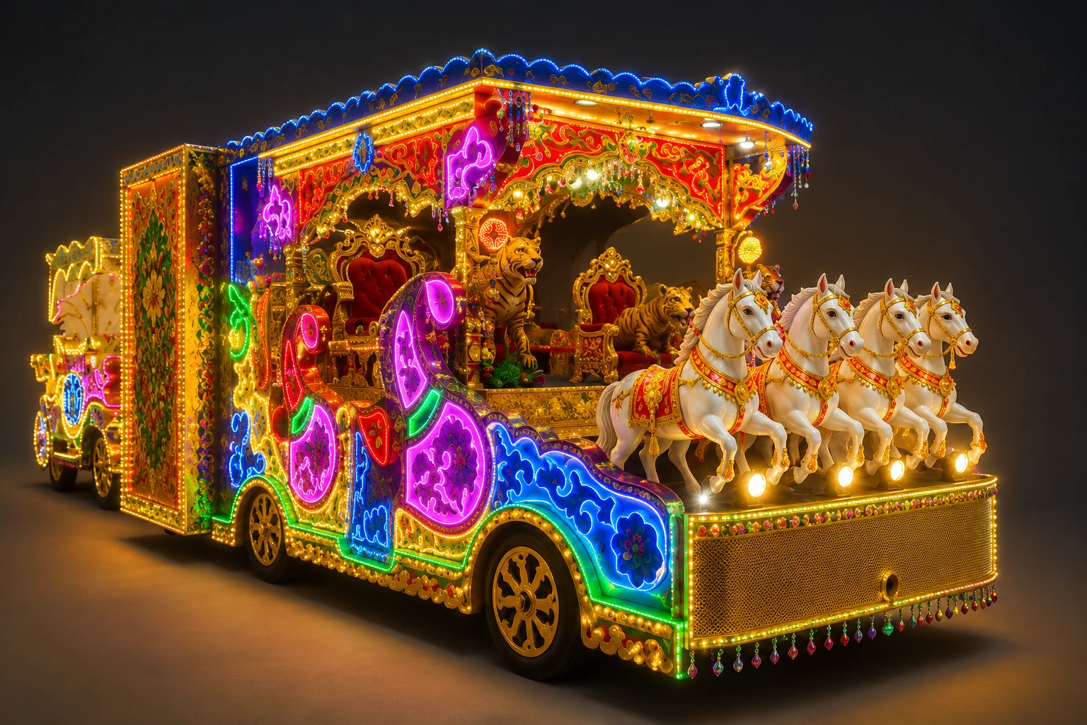 Luxury tiger-themed Bahubali jeep baggi for traditional Indian wedding baraat.